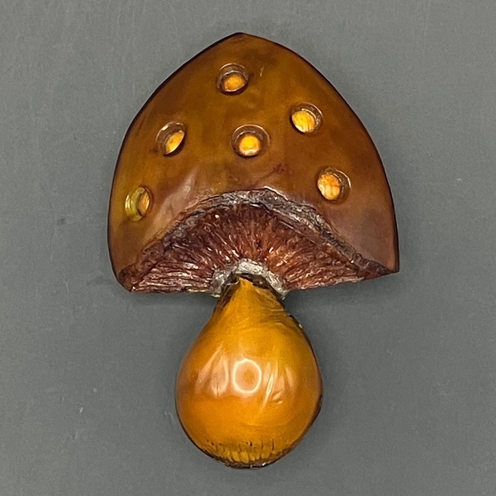 Fabrice Paris Mushroom Brooch Brown Resin Artisan Statement Pin 2.9" Signed